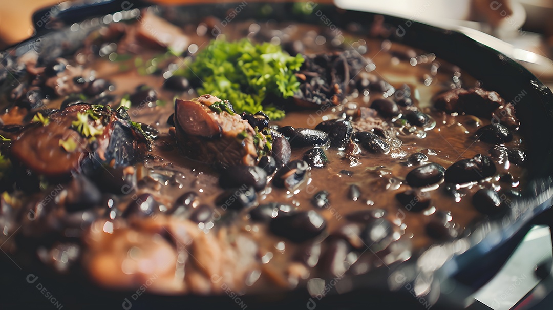 Deliciosa feijoada sobre uma mesa de madeira