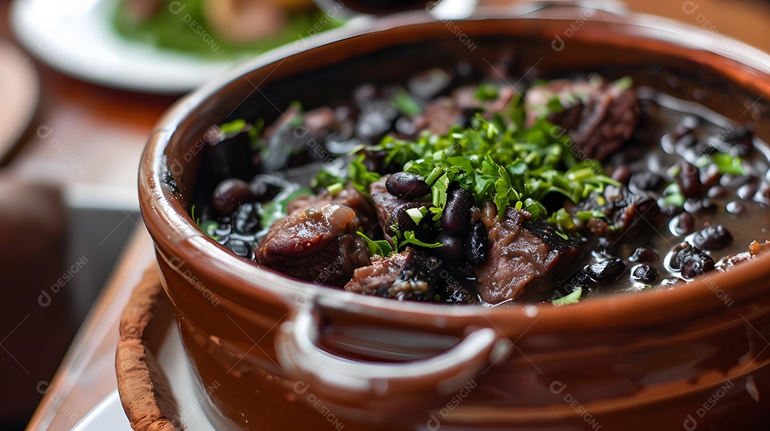 Deliciosa feijoada sobre uma mesa de madeira