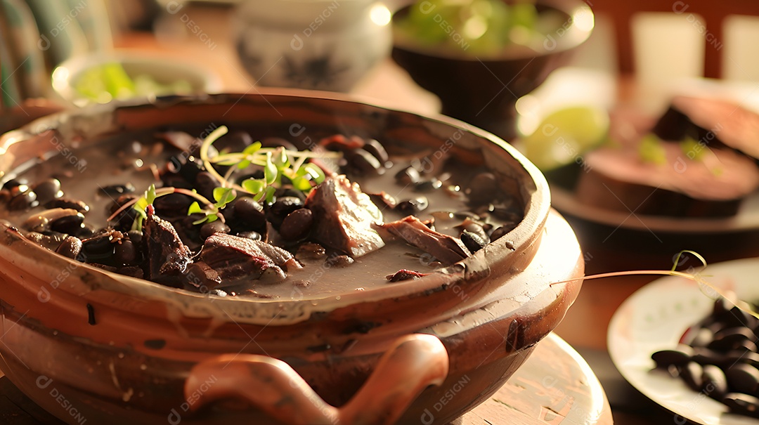 Deliciosa feijoada sobre uma mesa de madeira