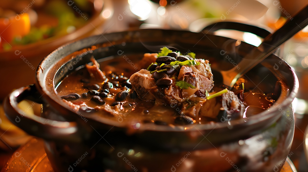 Deliciosa feijoada sobre uma mesa de madeira