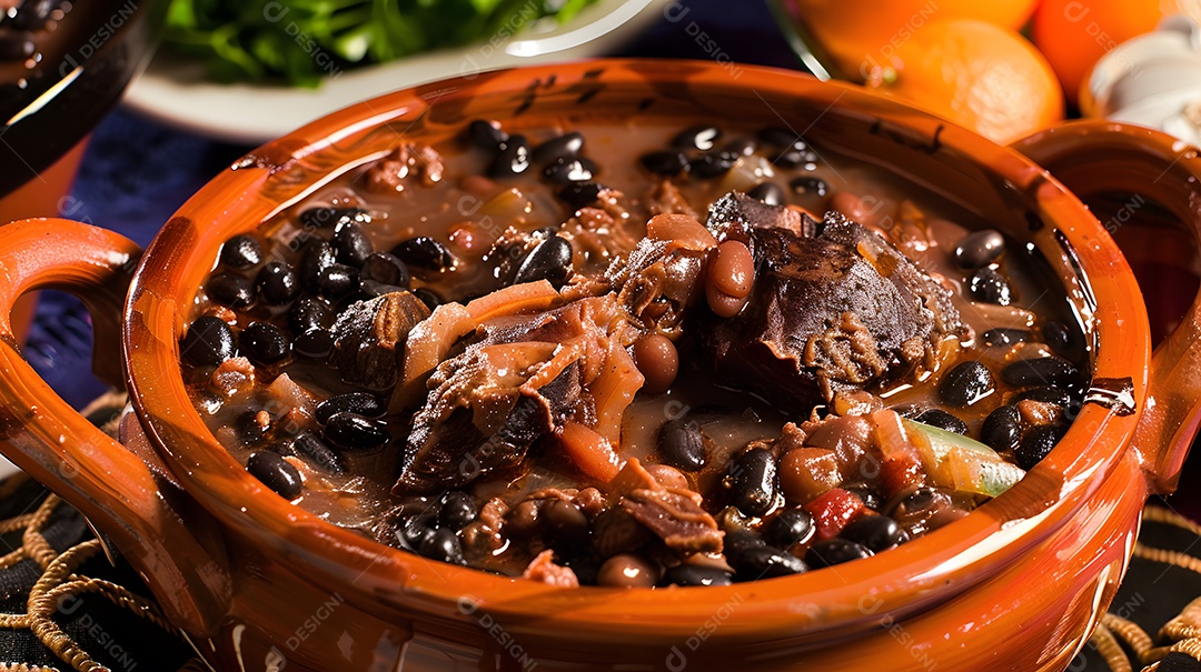 Deliciosa feijoada sobre uma mesa de madeira