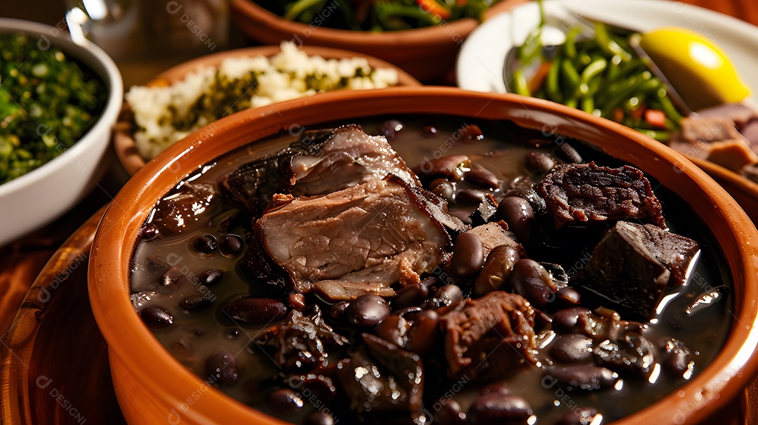 Deliciosa feijoada sobre uma mesa de madeira