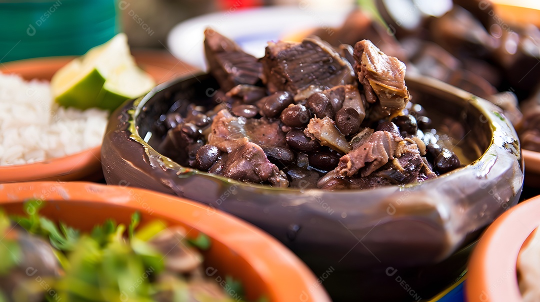 Deliciosa feijoada sobre uma mesa de madeira
