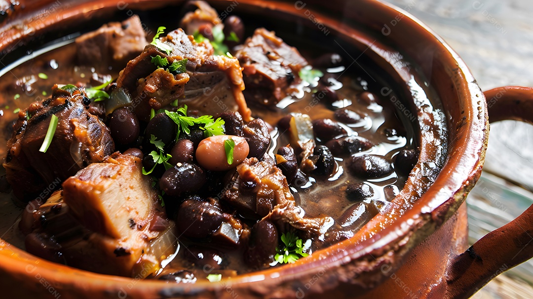 Deliciosa feijoada sobre uma mesa de madeira