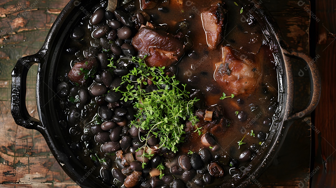 Deliciosa feijoada sobre uma mesa de madeira