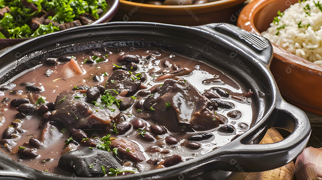 Deliciosa feijoada sobre uma mesa de madeira
