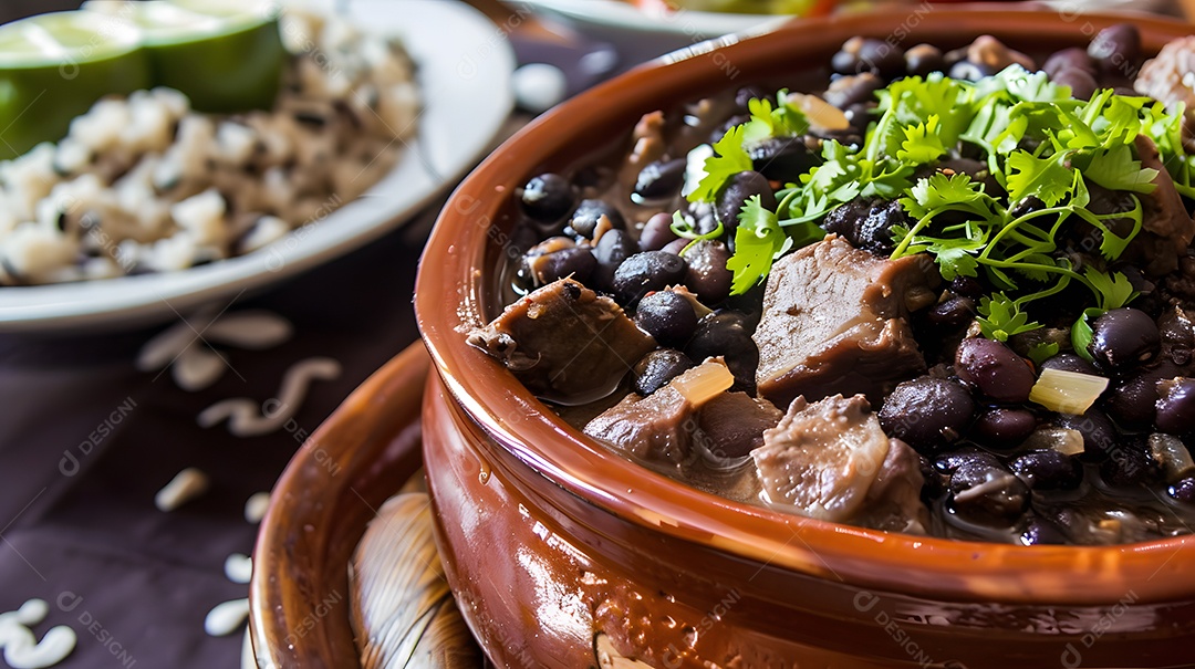 Deliciosa feijoada sobre uma mesa de madeira