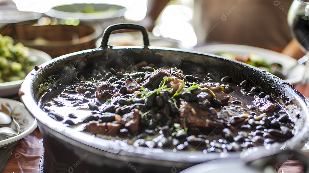 Deliciosa feijoada sobre uma mesa de madeira