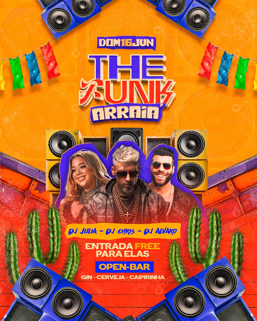 Flyer The Funk Arraiá DJ Julia DJ Chris DJ Alvaro Open Bar Social Media PSD Editável