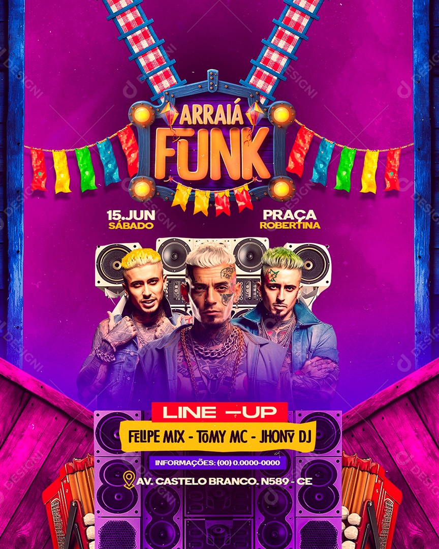 Flyer Arraiá Funk Line Up Felipe Mix Tomy Mc Jhony DJ Social Media PSD Editável