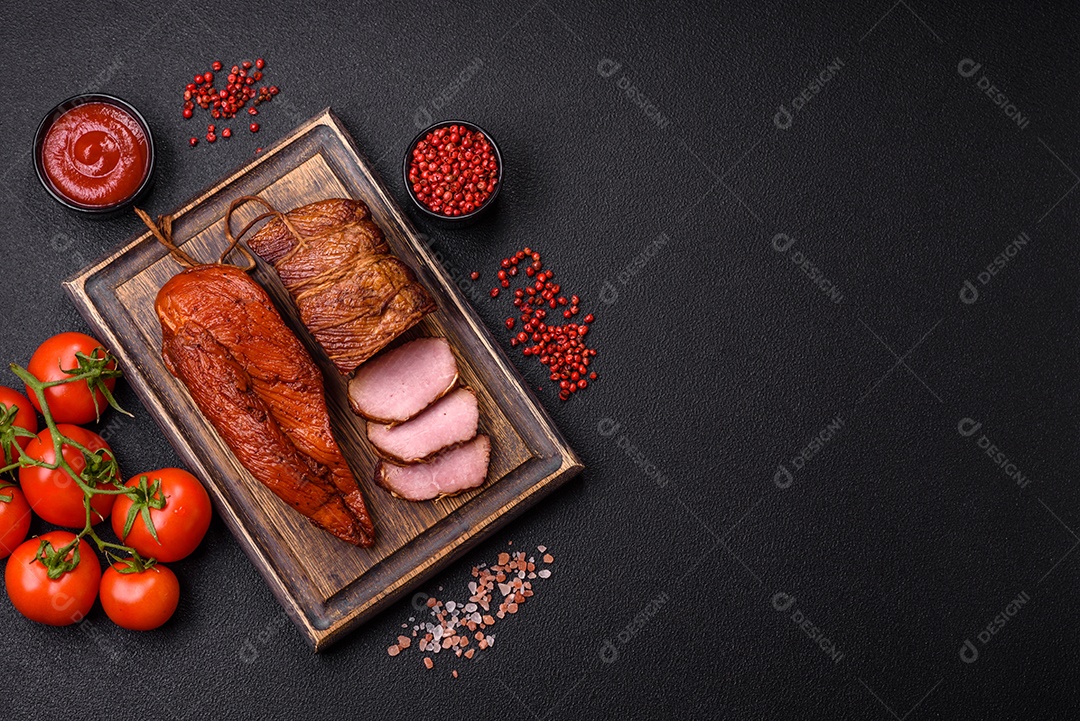 Delicioso peito de frango de carne defumada com sal, especiarias e ervas sobre um fundo escuro de concreto