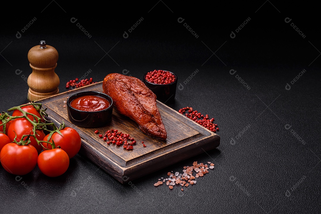 Delicioso peito de frango de carne defumada com sal, especiarias e ervas sobre um fundo escuro de concreto