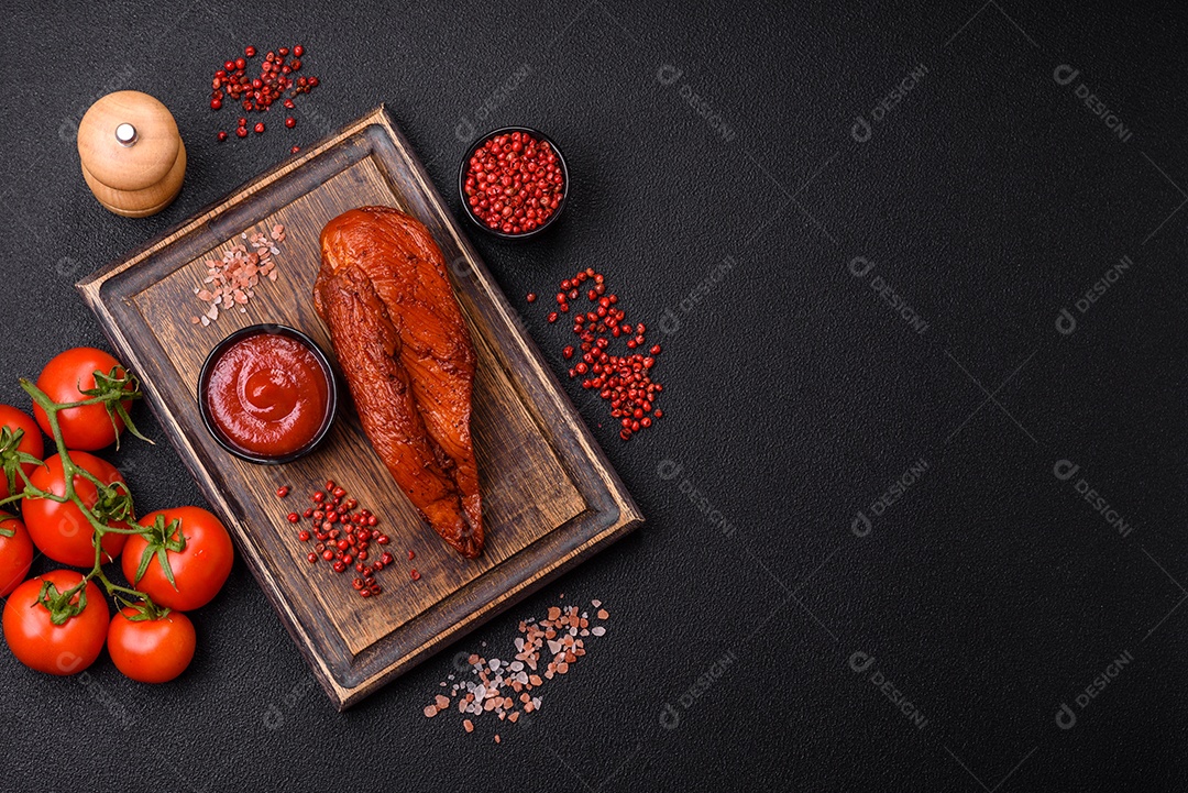 Delicioso peito de frango de carne defumada com sal, especiarias e ervas sobre um fundo escuro de concreto