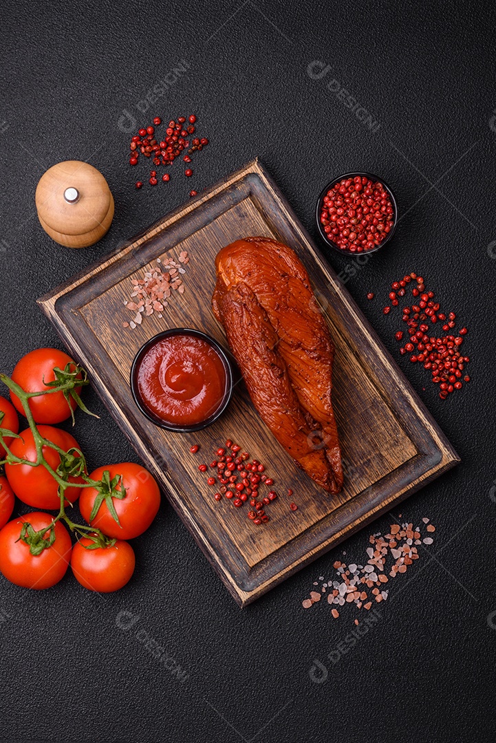 Delicioso peito de frango de carne defumada com sal, especiarias e ervas sobre um fundo escuro de concreto