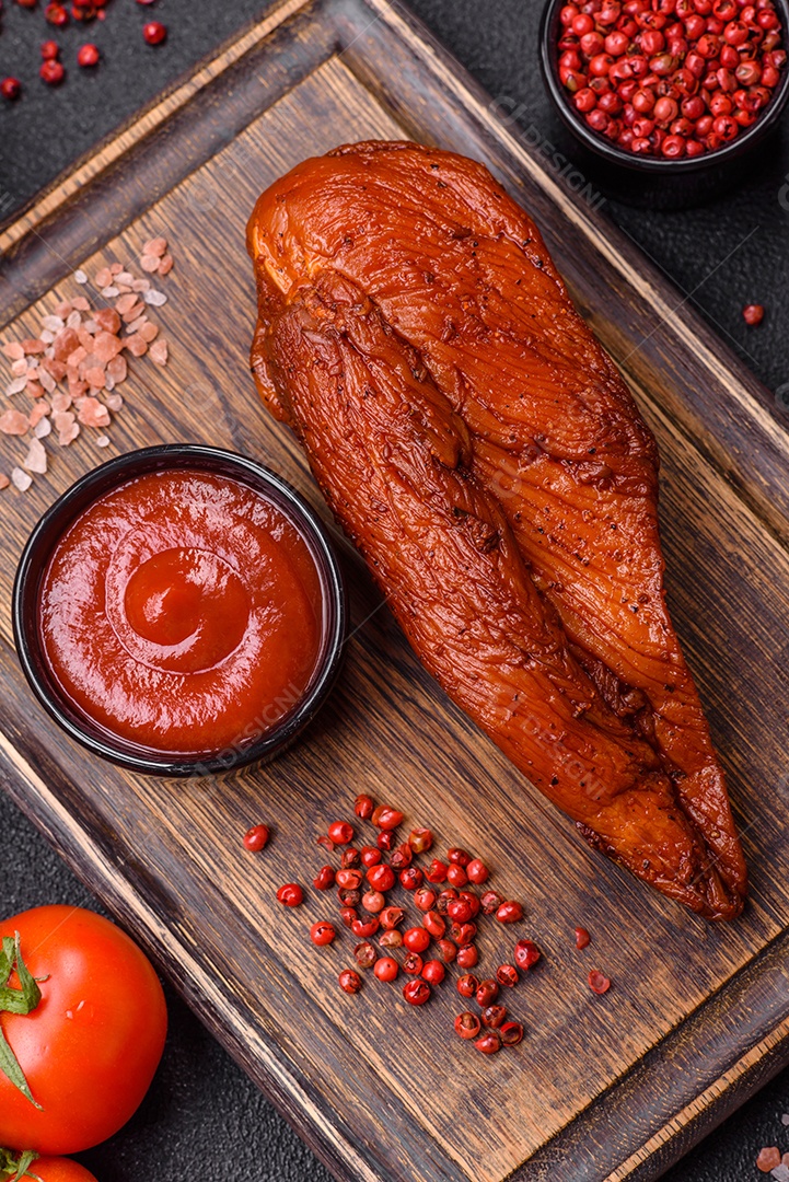 Delicioso peito de frango de carne defumada com sal, especiarias e ervas sobre um fundo escuro de concreto