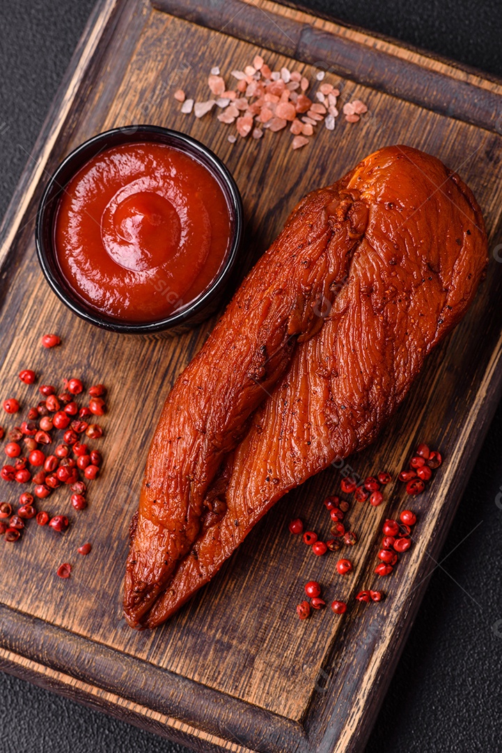 Delicioso peito de frango de carne defumada com sal, especiarias e ervas sobre um fundo escuro de concreto