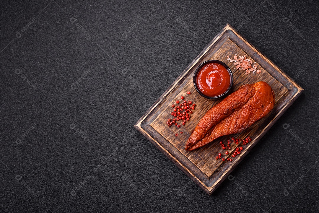 Delicioso peito de frango de carne defumada com sal, especiarias e ervas sobre um fundo escuro de concreto