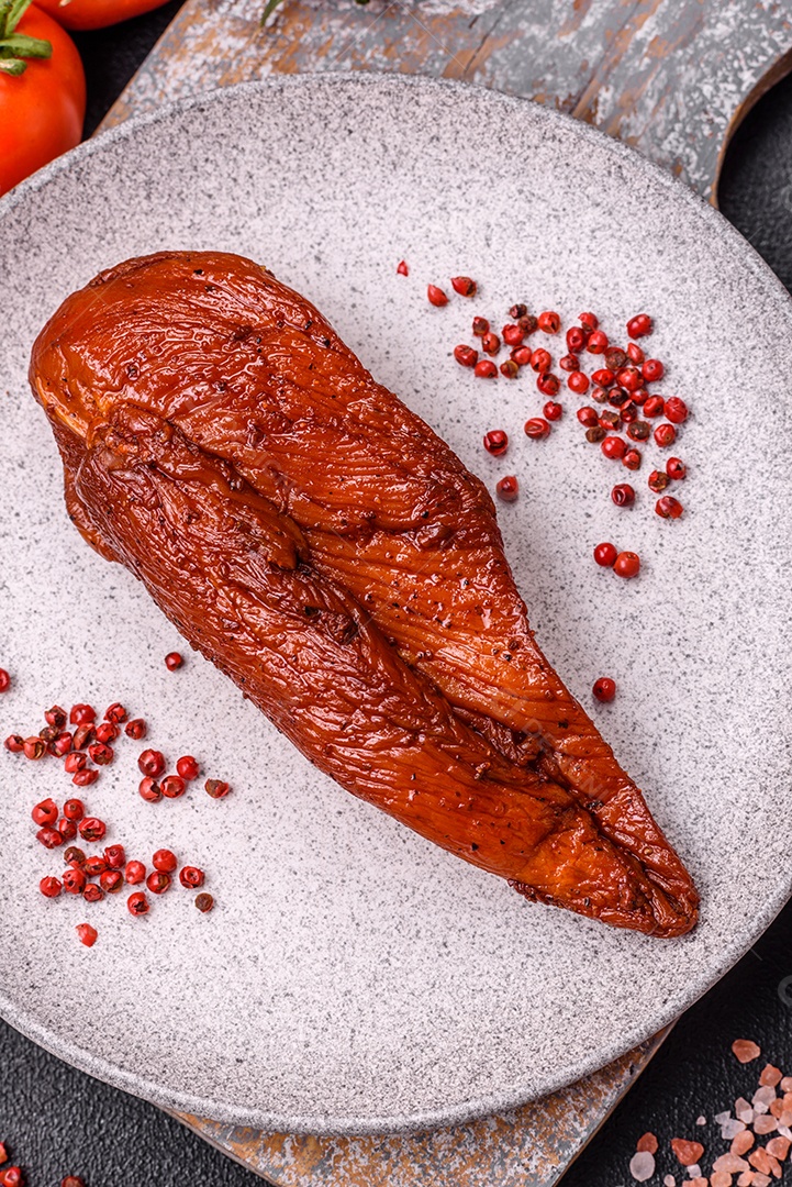 Delicioso peito de frango de carne defumada com sal, especiarias e ervas sobre um fundo escuro de concreto