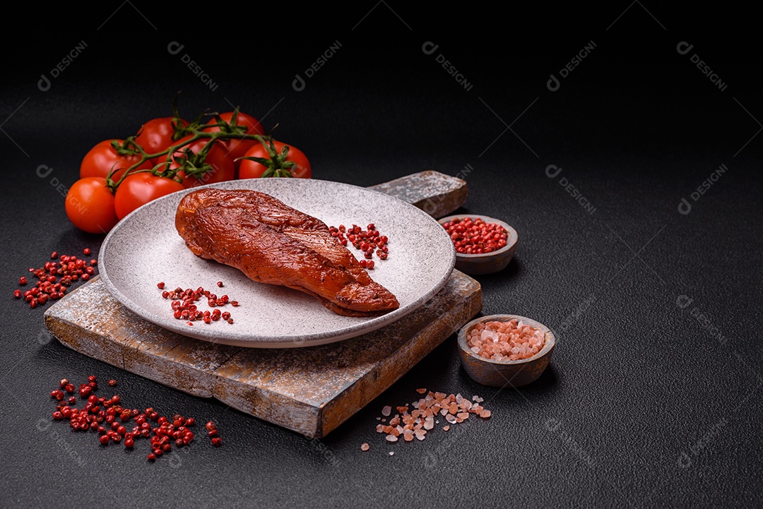 Delicioso peito de frango de carne defumada com sal, especiarias e ervas sobre um fundo escuro de concret