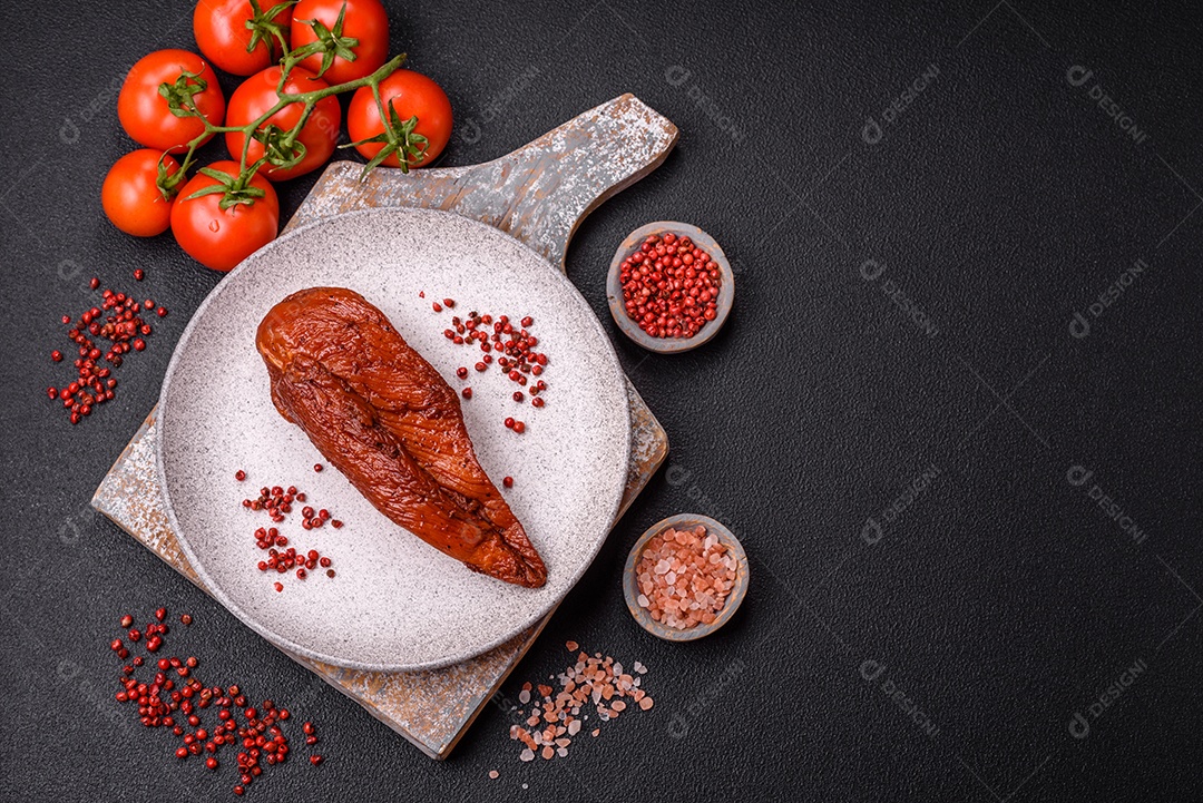 Delicioso peito de frango de carne defumada com sal, especiarias e ervas sobre um fundo escuro de concreto