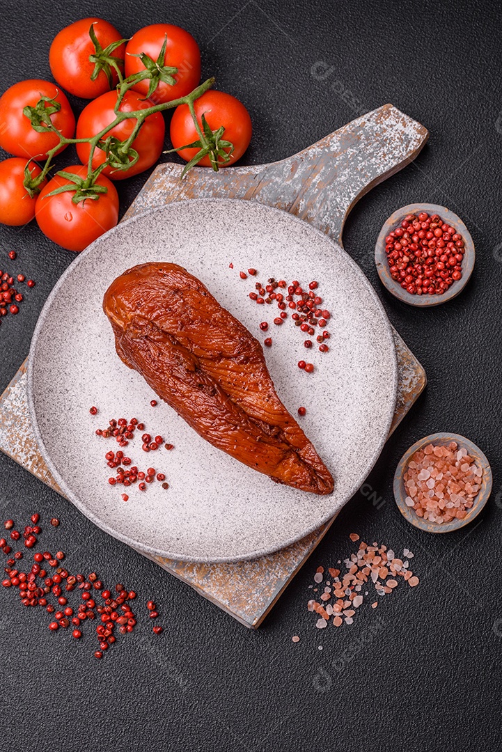 Delicioso peito de frango de carne defumada com sal, especiarias e ervas sobre um fundo escuro de concreto