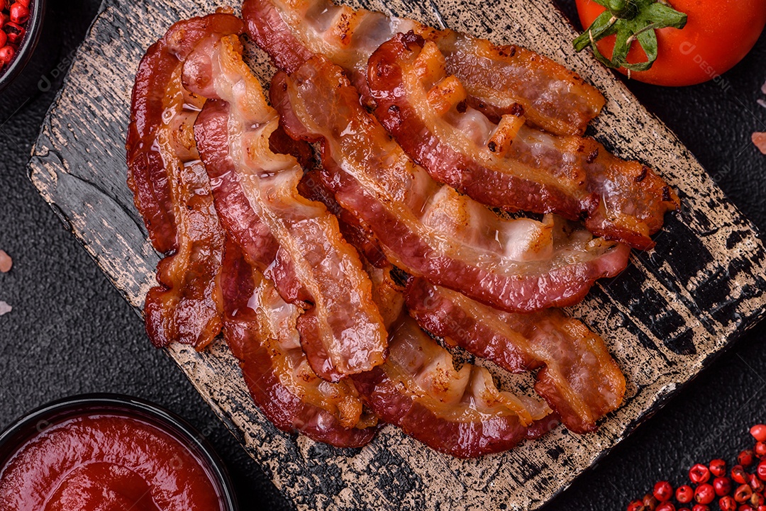 Delicioso bacon frito fresco com sal e especiarias sobre fundo escuro como ingrediente para preparar um farto café da manhã