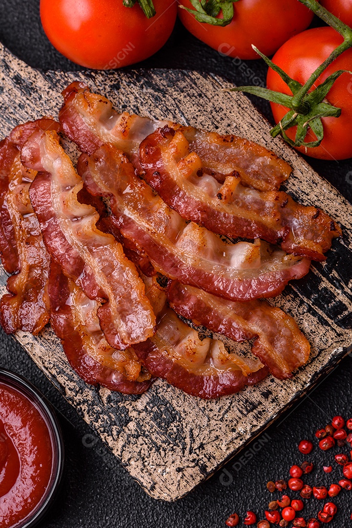 Delicioso bacon frito fresco com sal e especiarias sobre fundo escuro como ingrediente para preparar um farto café da manhã