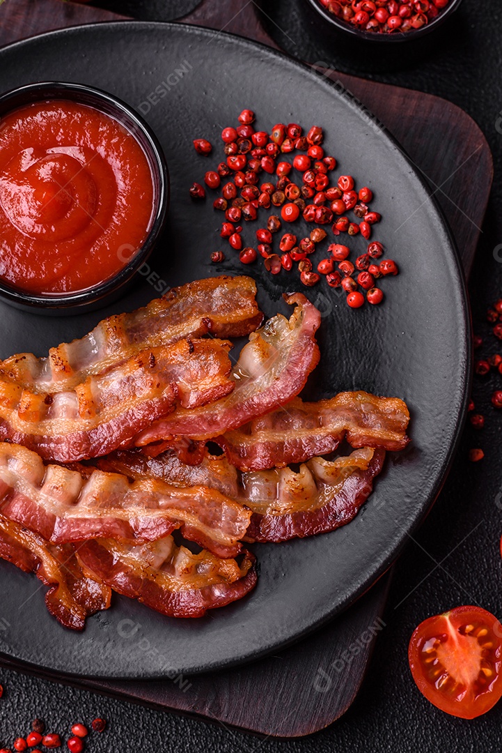 Delicioso bacon frito fresco com sal e especiarias sobre fundo escuro como ingrediente para preparar um farto café da manhã