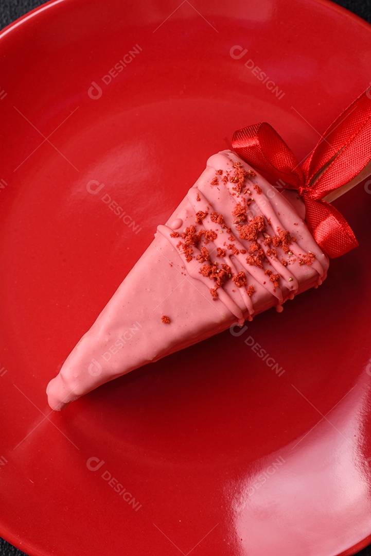 Delicioso cheesecake doce com frutas cobertas de glacê com uma vara de madeira sobre um fundo escuro de concreto