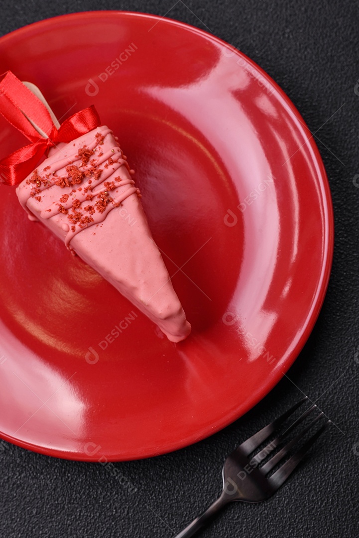 Delicioso cheesecake doce com frutas cobertas de glacê com uma vara de madeira sobre um fundo escuro de concreto