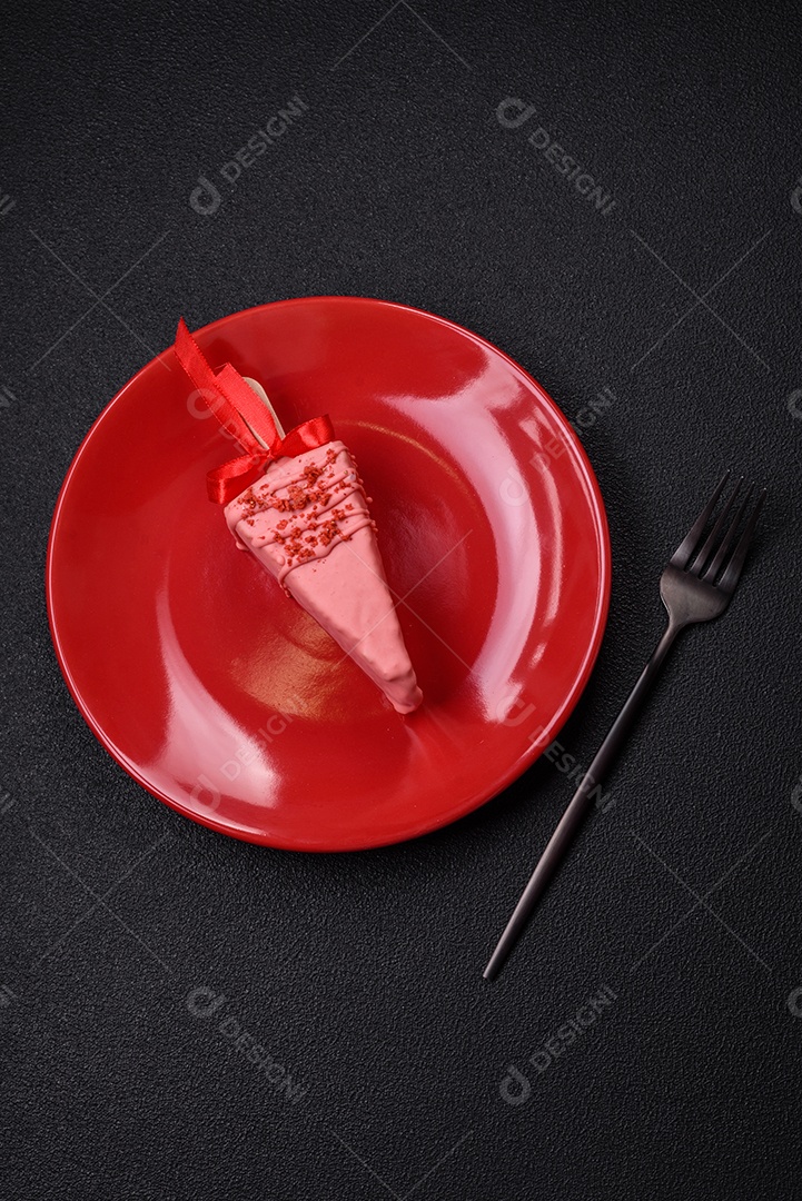 Delicioso cheesecake doce com frutas cobertas de glacê com uma vara de madeira sobre um fundo escuro de concreto