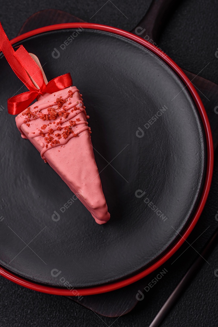 Delicioso cheesecake doce com frutas cobertas de glacê com uma vara de madeira sobre um fundo escuro de concreto