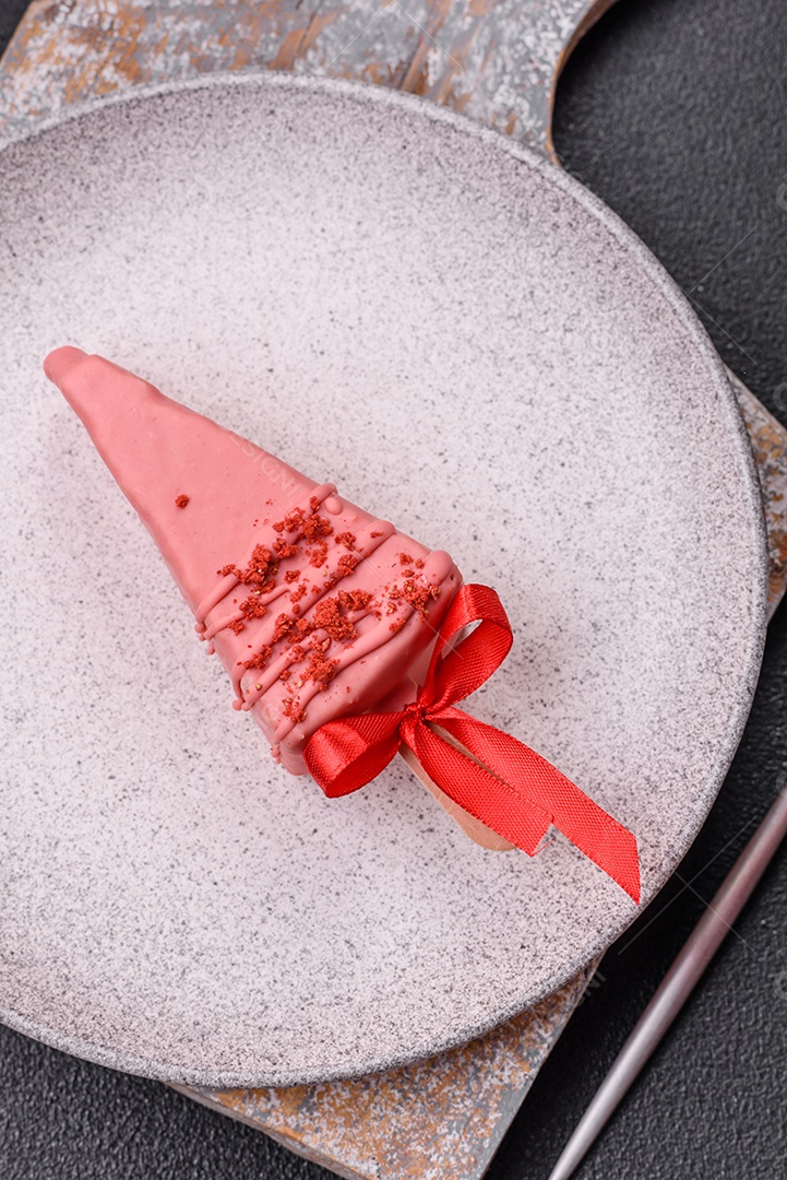 Delicioso cheesecake doce com frutas cobertas de glacê com uma vara de madeira sobre um fundo escuro de concreto