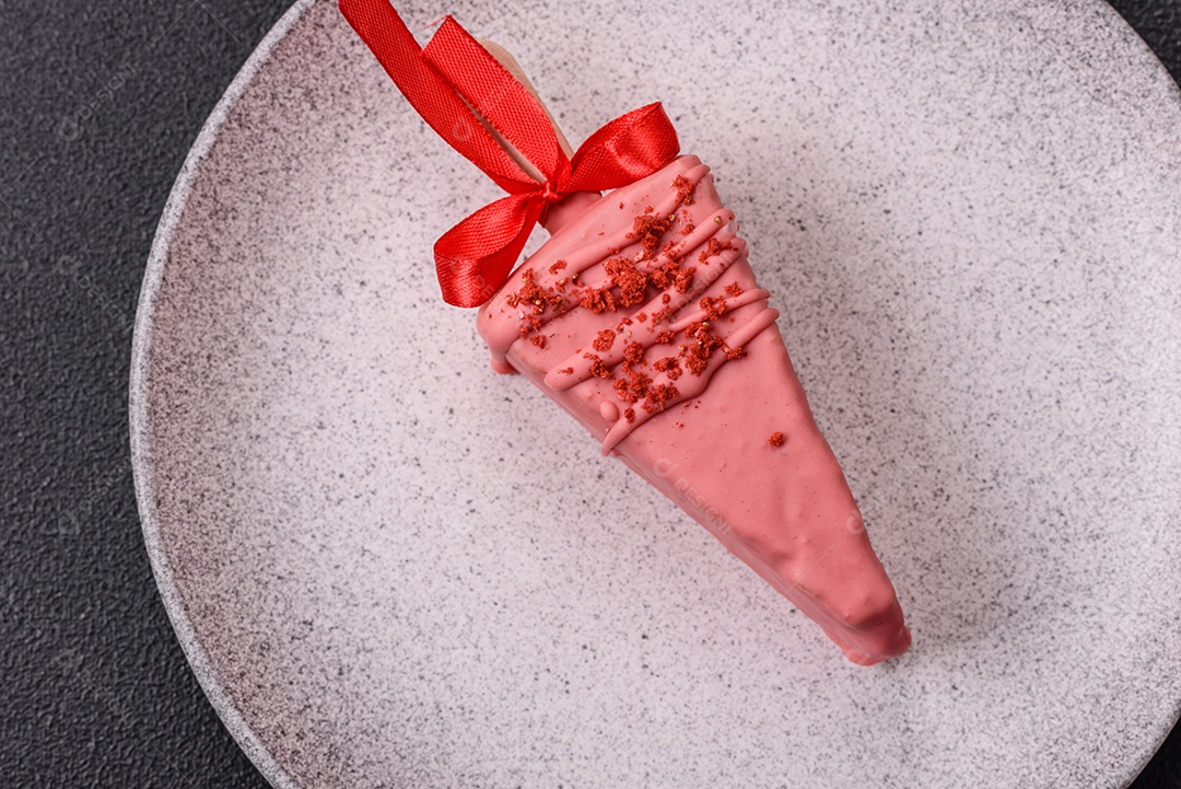 Delicioso cheesecake doce com frutas cobertas de glacê com uma vara de madeira sobre um fundo escuro de concreto