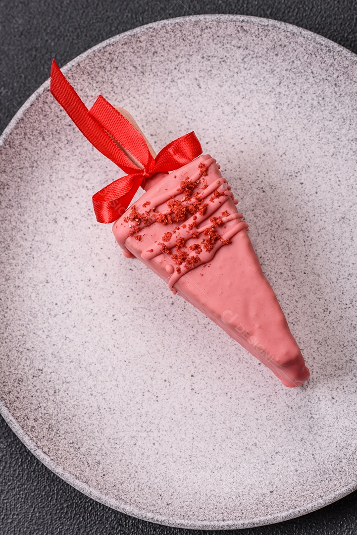 Delicioso cheesecake doce com frutas cobertas de glacê com uma vara de madeira sobre um fundo escuro de concreto