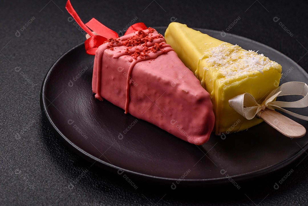 Delicioso cheesecake doce com frutas cobertas de glacê com uma vara de madeira sobre um fundo escuro de concreto