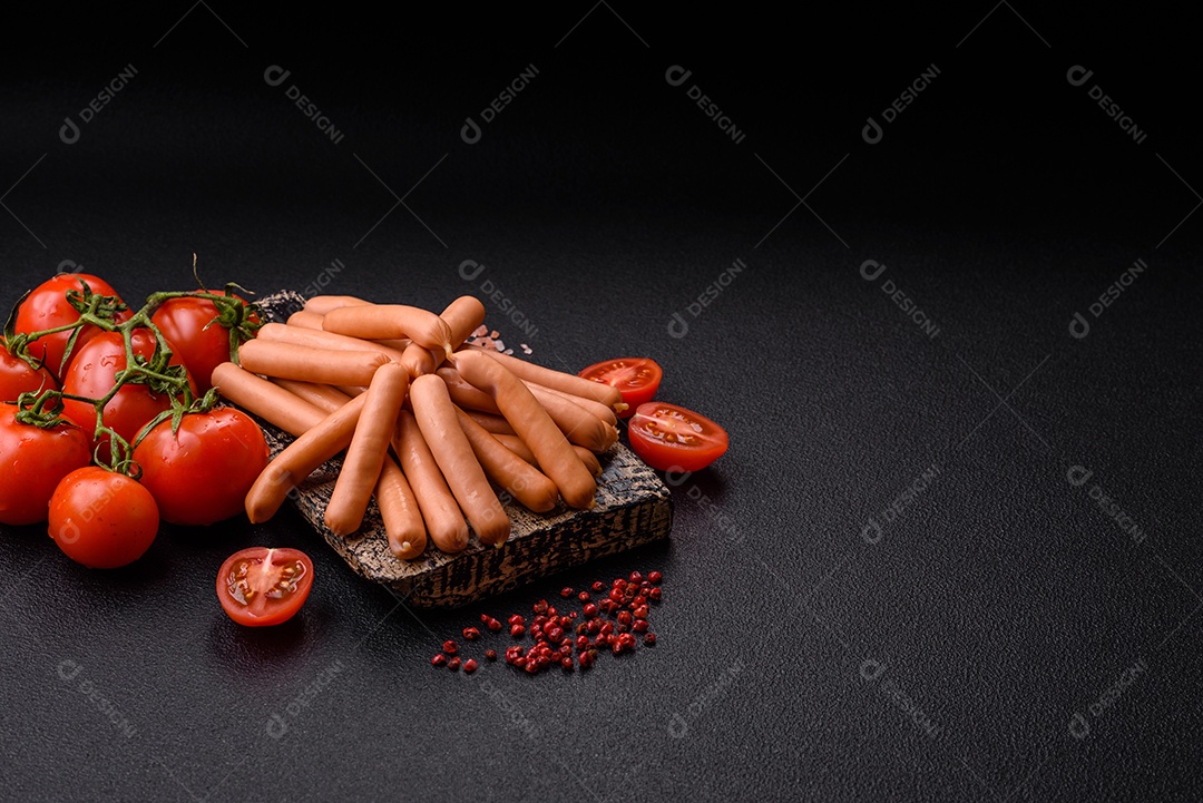 Deliciosas pequenas salsichas vegetarianas frescas com sal, especiarias e ervas sobre um fundo escuro de concreto