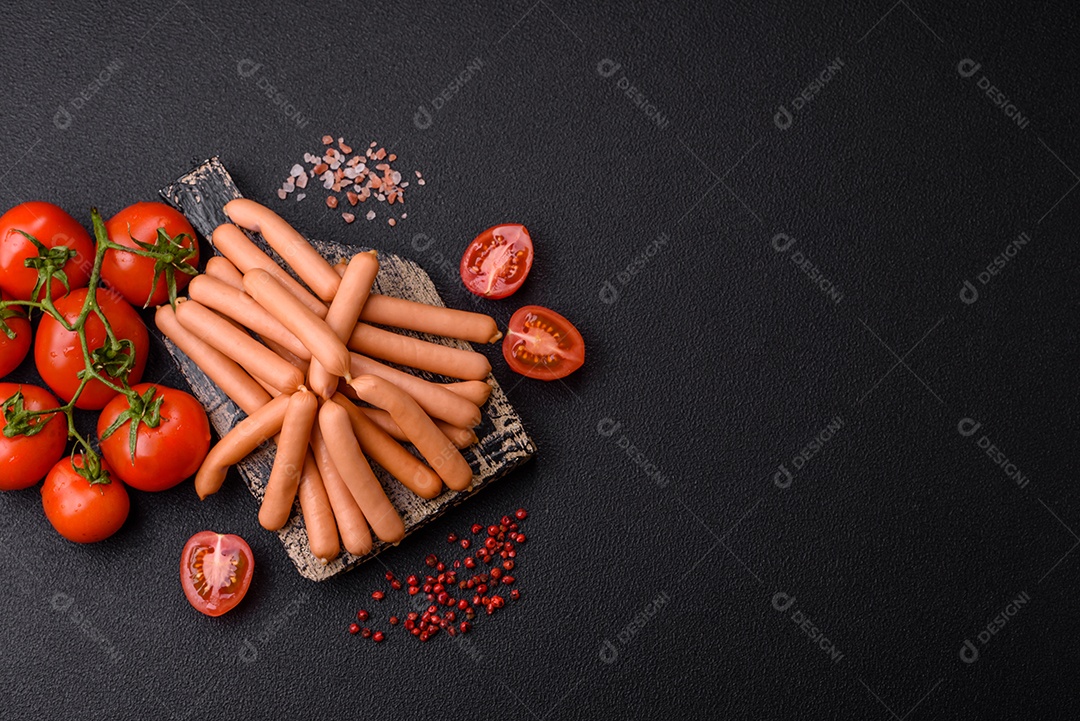 Deliciosas pequenas salsichas vegetarianas frescas com sal, especiarias e ervas sobre um fundo escuro de concreto