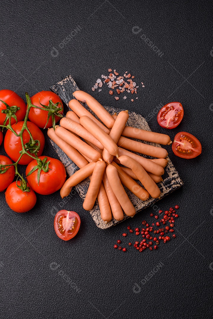 Deliciosas pequenas salsichas vegetarianas frescas com sal, especiarias e ervas sobre um fundo escuro de concreto