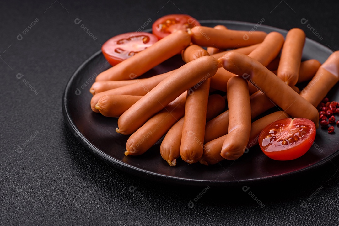 Deliciosas pequenas salsichas vegetarianas frescas com sal, especiarias e ervas sobre um fundo escuro de concreto