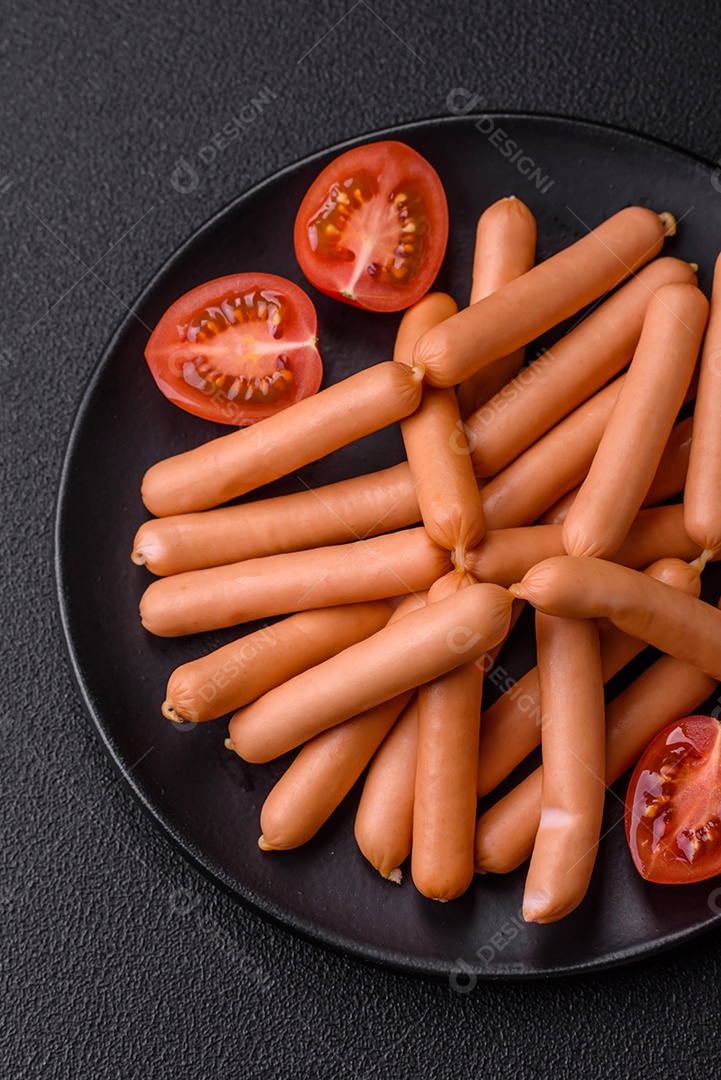 Deliciosas pequenas salsichas vegetarianas frescas com sal, especiarias e ervas sobre um fundo escuro de concreto