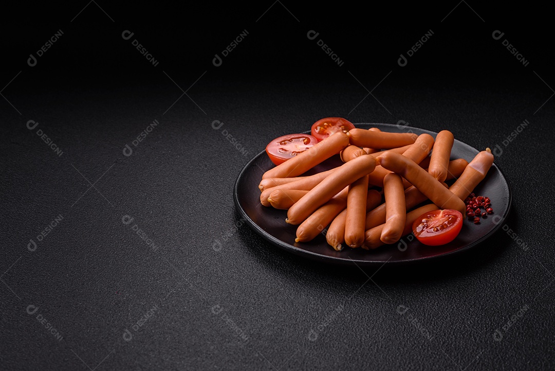 Deliciosas pequenas salsichas vegetarianas frescas com sal, especiarias e ervas sobre um fundo escuro de concreto