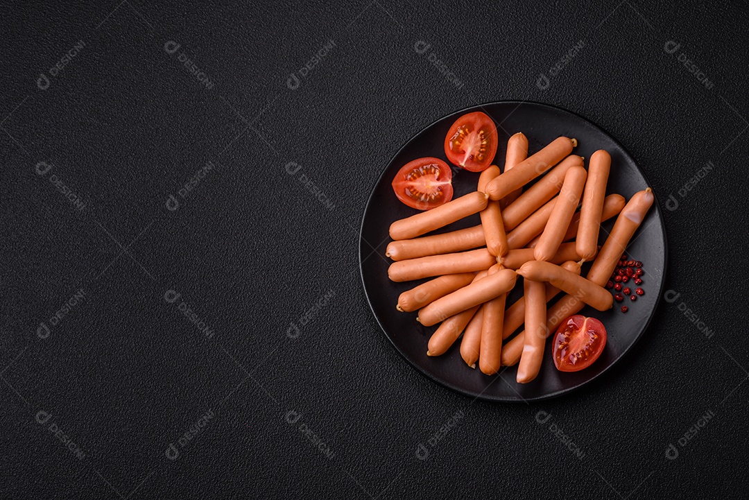 Deliciosas pequenas salsichas vegetarianas frescas com sal, especiarias e ervas sobre um fundo escuro de concreto