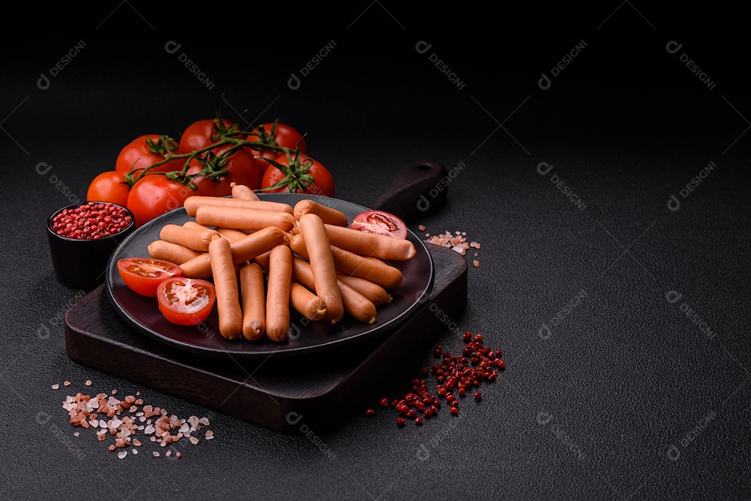 Deliciosas pequenas salsichas vegetarianas frescas com sal, especiarias e ervas sobre um fundo escuro de concreto