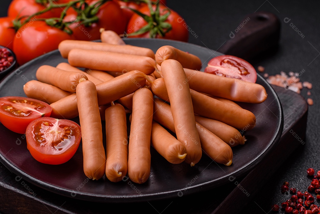 Deliciosas pequenas salsichas vegetarianas frescas com sal, especiarias e ervas sobre um fundo escuro de concreto