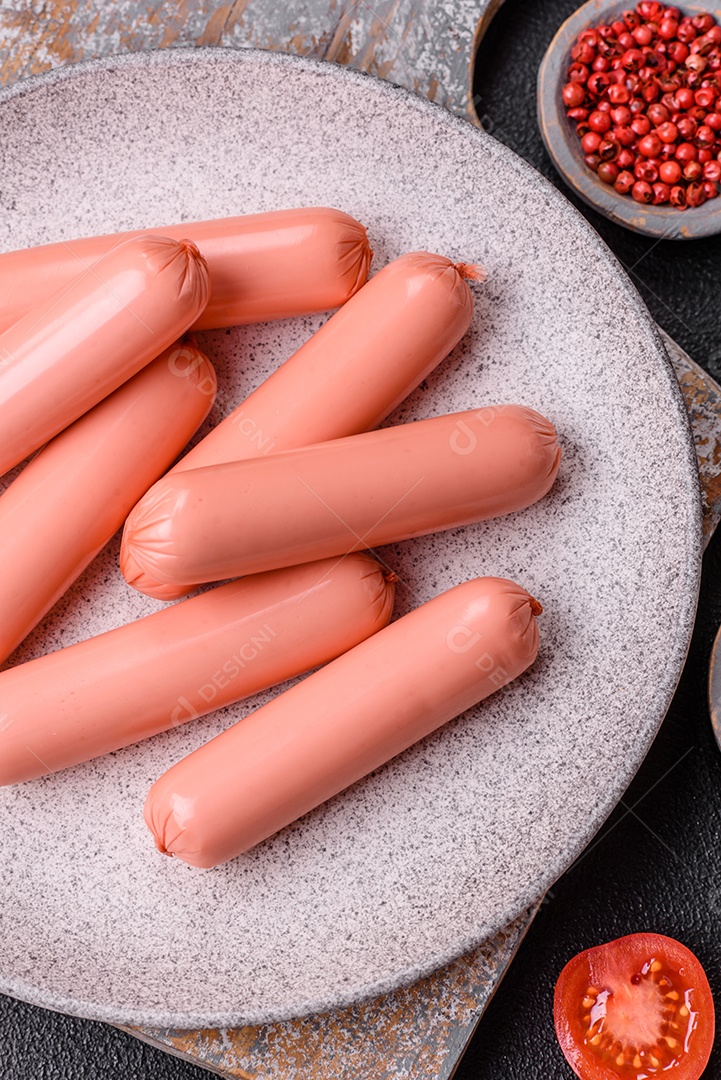 Deliciosa salsicha vegetariana fresca ou salsicha feita de proteína vegetal tofu ou leguminosas seitan, trigo magro com sal e especiarias em fundo de textura