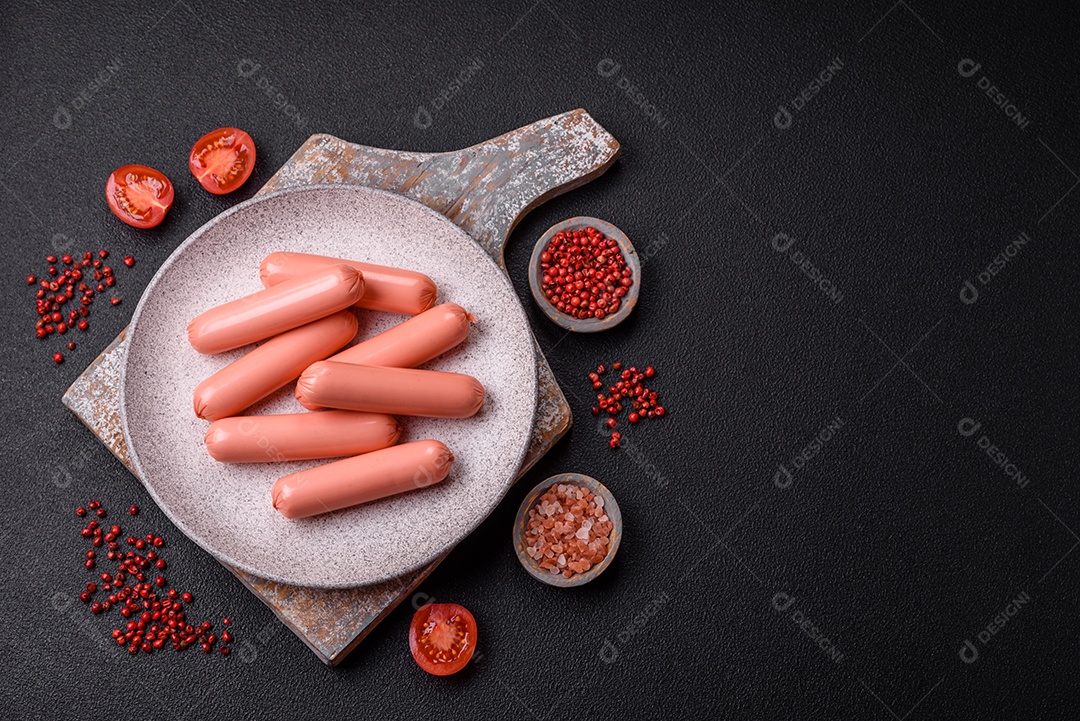 Deliciosa salsicha vegetariana fresca ou salsicha feita de proteína vegetal tofu ou leguminosas seitan, trigo magro com sal e especiarias em fundo de textura