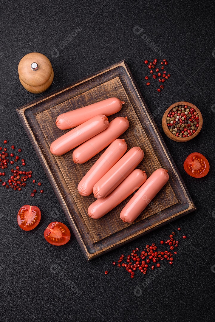 Deliciosa salsicha vegetariana fresca ou salsicha feita de proteína vegetal tofu ou leguminosas seitan, trigo magro com sal e especiarias em fundo de textura