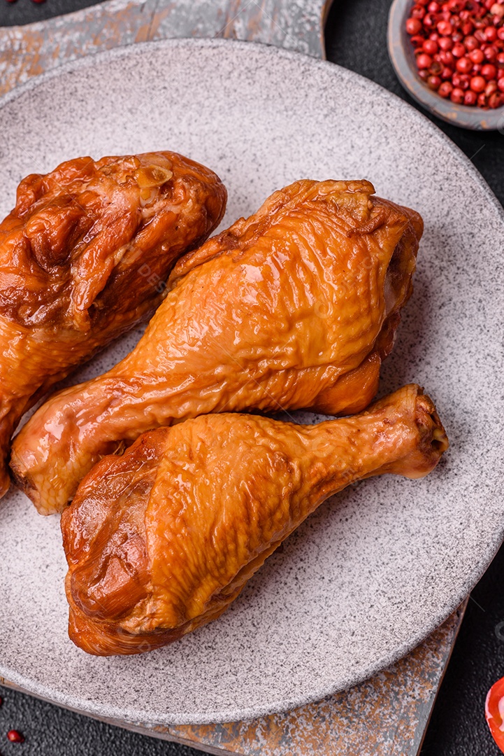 Deliciosas pernas de frango assadas na grelha com sal, especiarias e ervas sobre um fundo de concreto texturizado