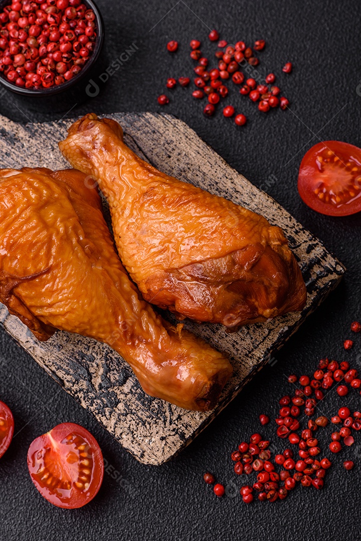 Deliciosas pernas de frango assadas na grelha com sal, especiarias e ervas sobre um fundo de concreto texturizado